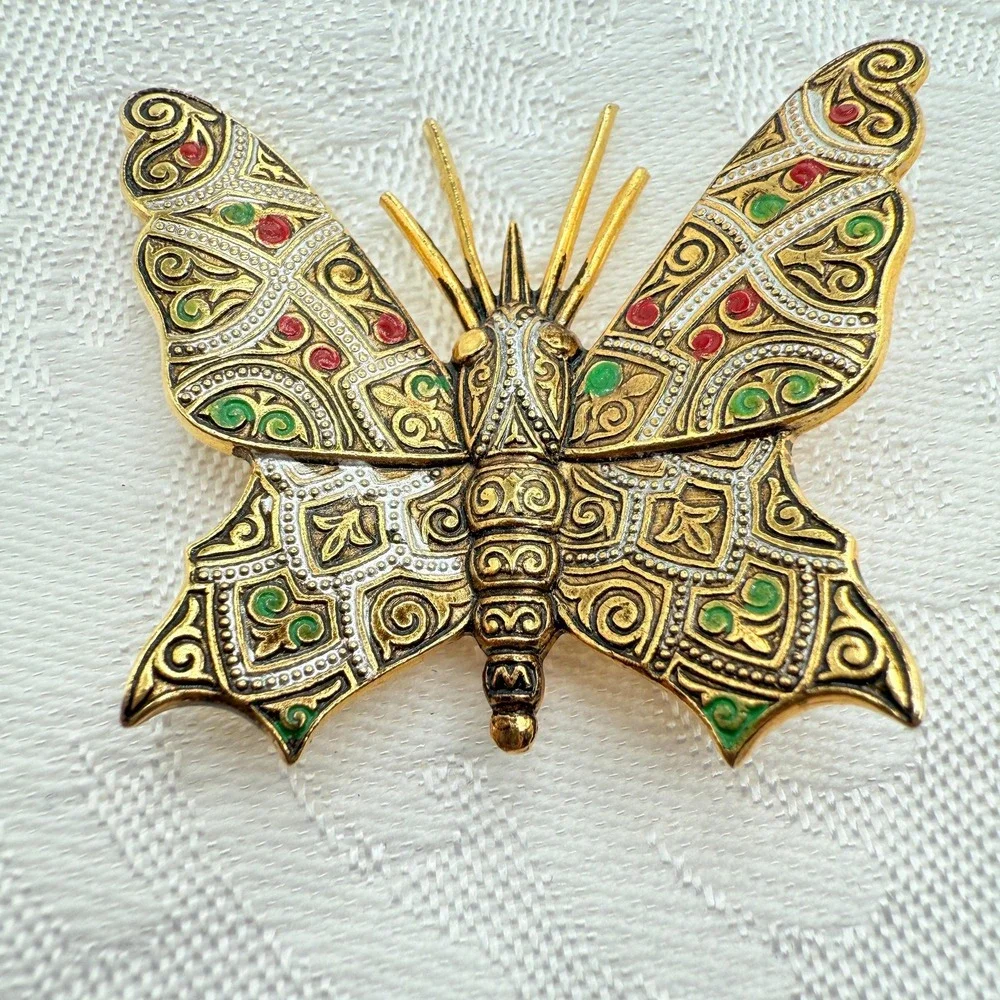 Vintage Gold Tone Damascene Style Butterfly Brooch Costume Pin | Made in Spain